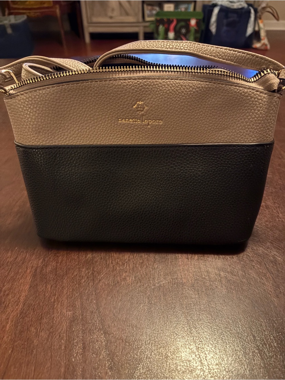 Nanette Laporte Ridley Dome Crossbody Black/Cognac Zip Closure Adjustable Strap